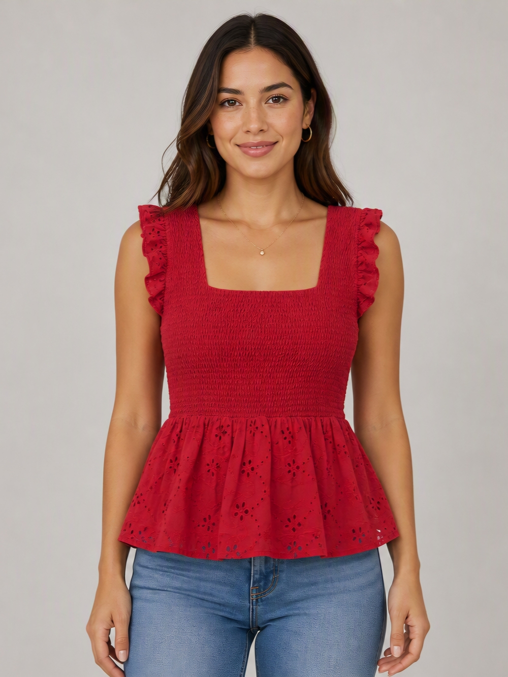 Isa & Ella Red Smocked Eyelet Cotton Top L Summer Casual Resort Vacation